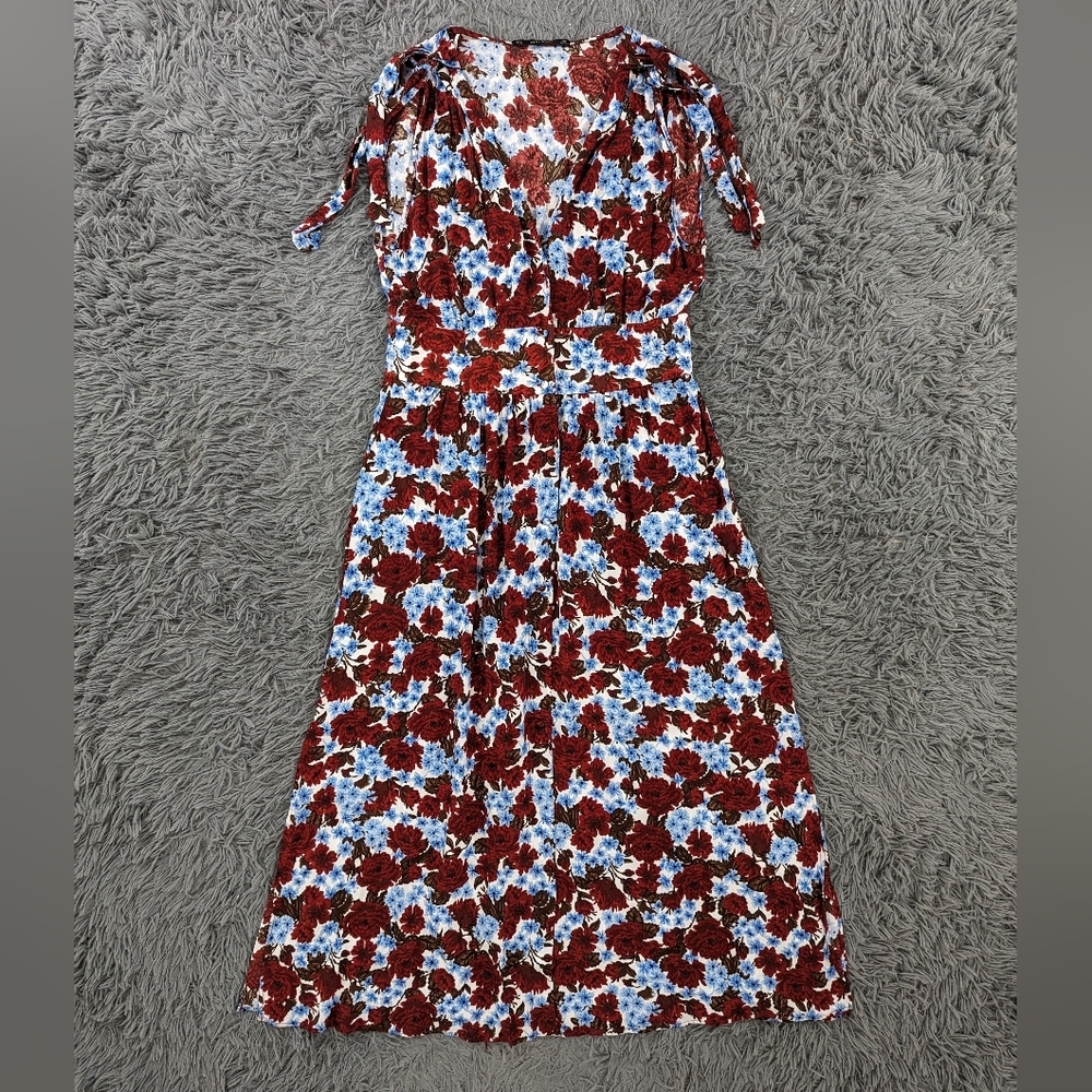 Zara Dress Women's XL Blue Red Floral Maxi Sleeveless With Ties